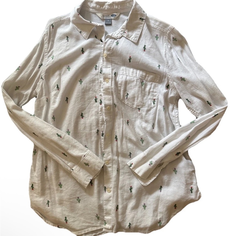 White Button-Up Shirt with Cactus Print
